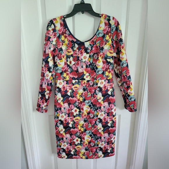 Betsey Johnson Long Sleeve Pink Floral Print Scuba Sheath Midi Dress Size 10 - Picture 1 of 6